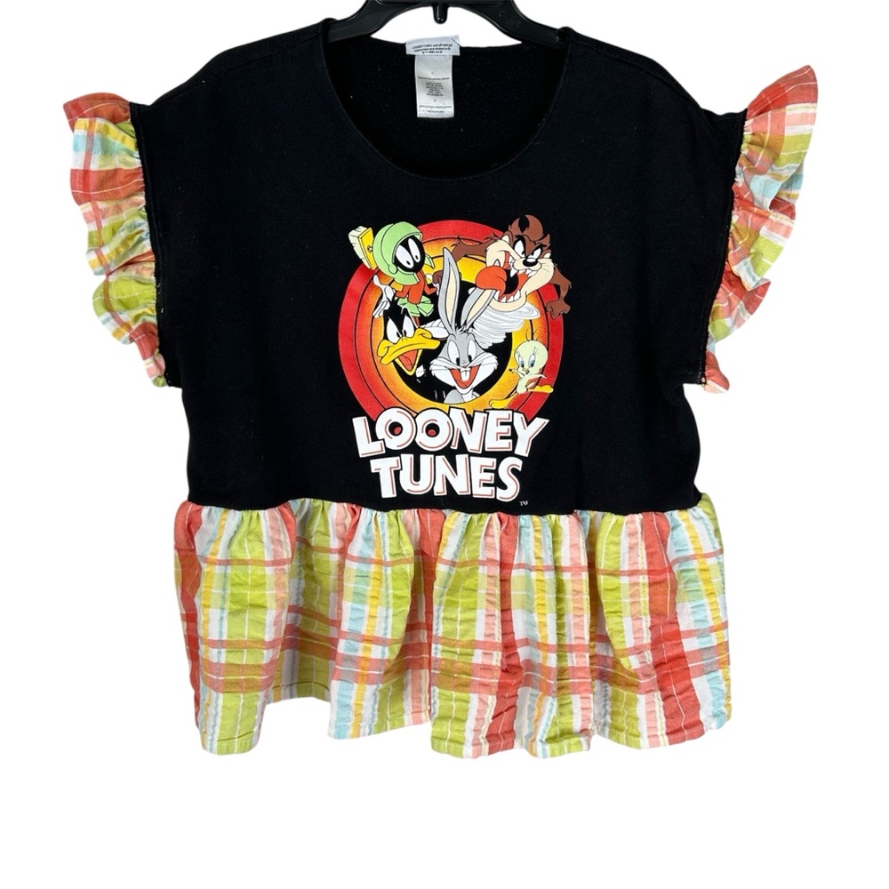 Upcycled Looney Tunes Top SZ L Plaid Seersucker Ruffle Cap Sleeve and Hem